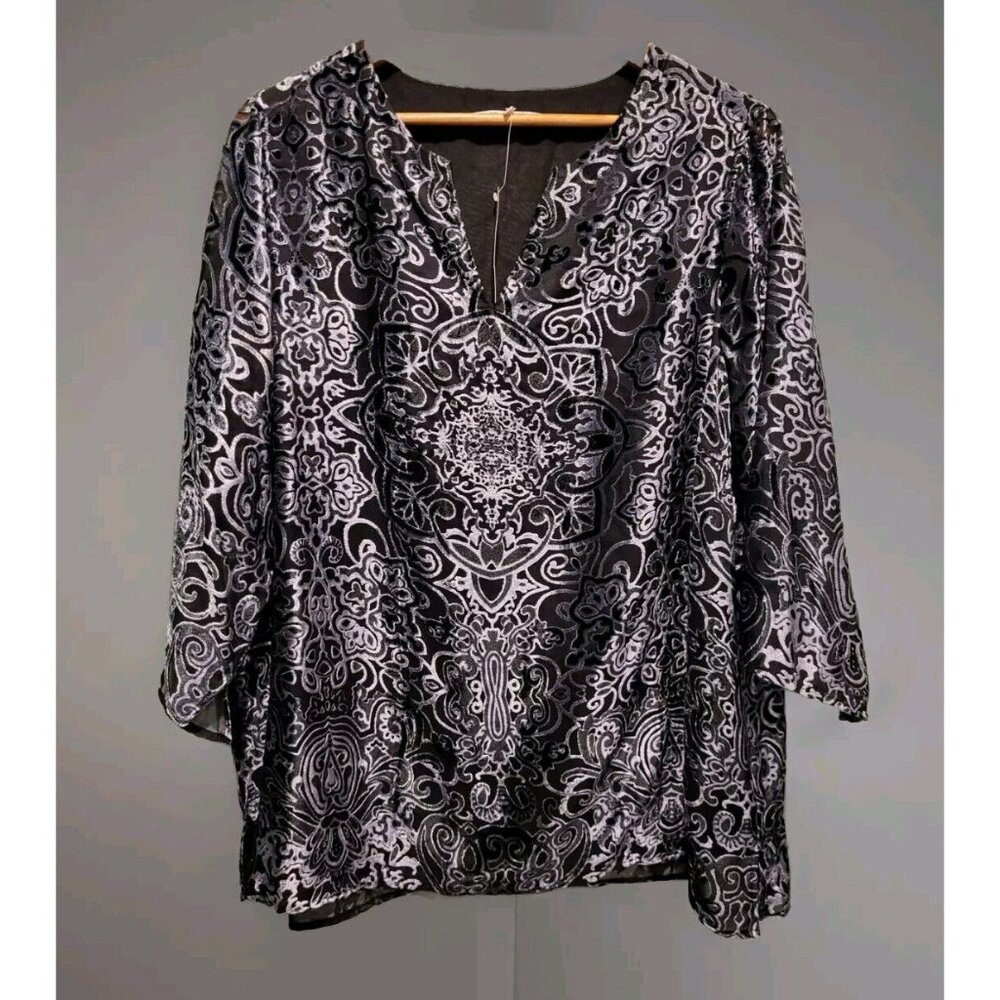 New Violet & Claire Black Gray Burnout Velvet 3/4 Sleeve Top Sz 2X Event